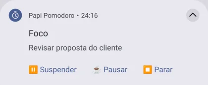 Notificação do Papi-Pomodoro com o tempo restante e os botões Suspender, Pausar e Parar