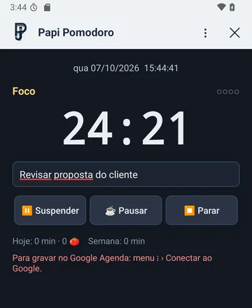 Tela do Papi-Pomodoro com o contador em 24:20 na fase de foco e a tarefa 'Revisar proposta do cliente'